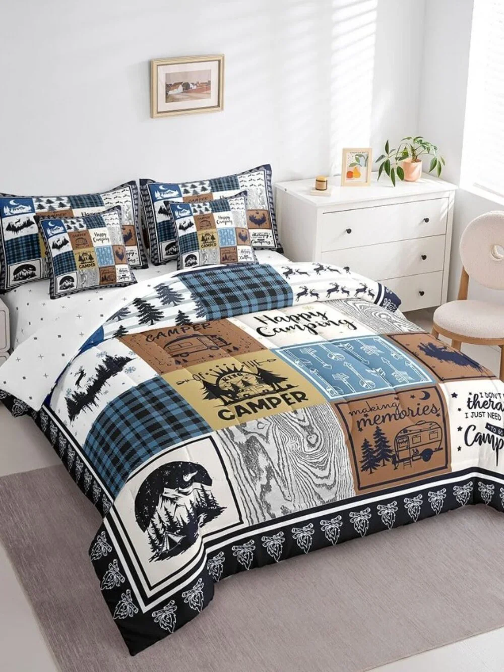 7 Piece Rv Camper Bedding Set King,Kids Happy Camping Comforter Set with Sheets,